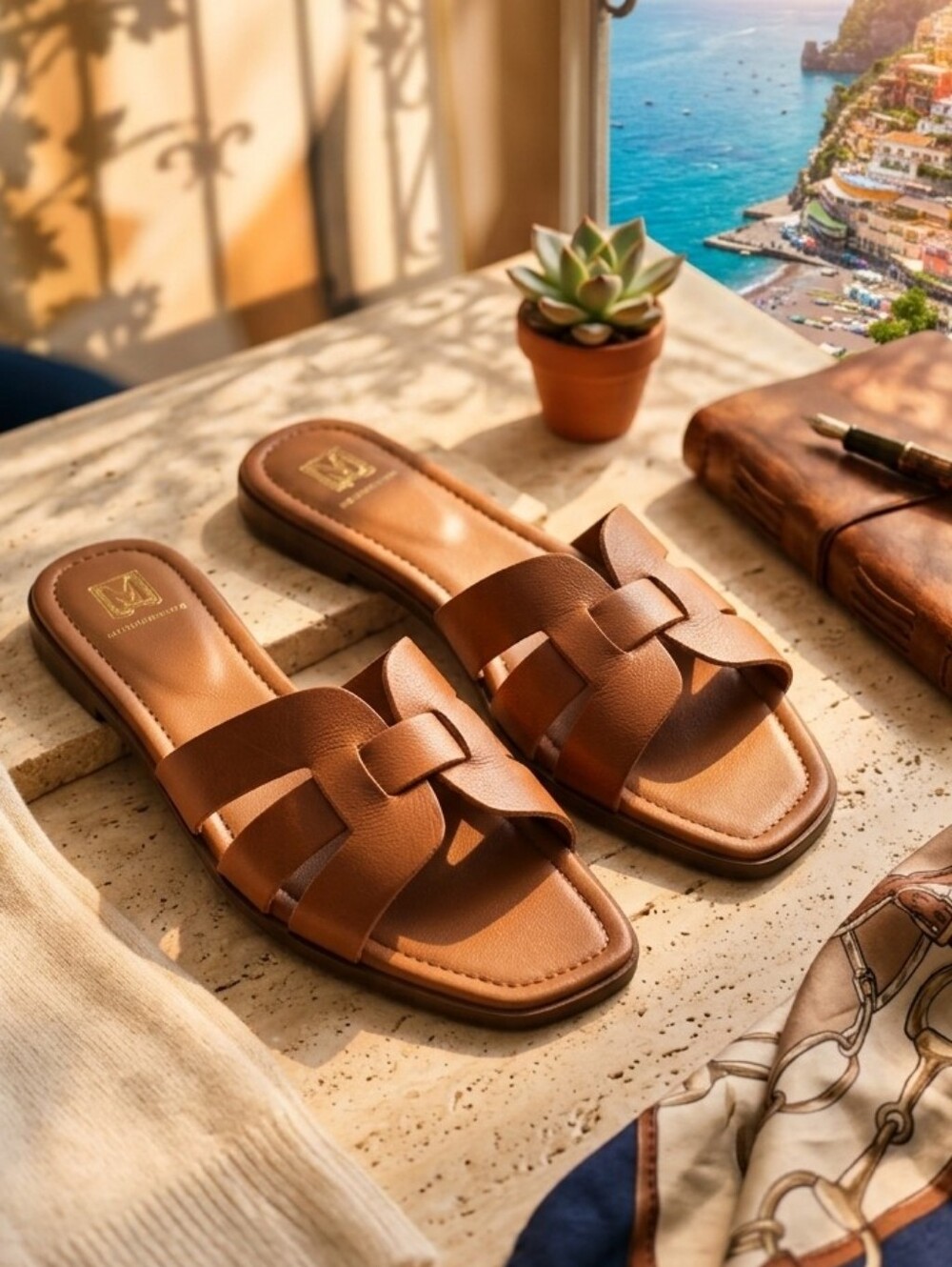 Bruno Magli Alessia Cognac Leather Woven Slide Sandals Size 9 EU 40